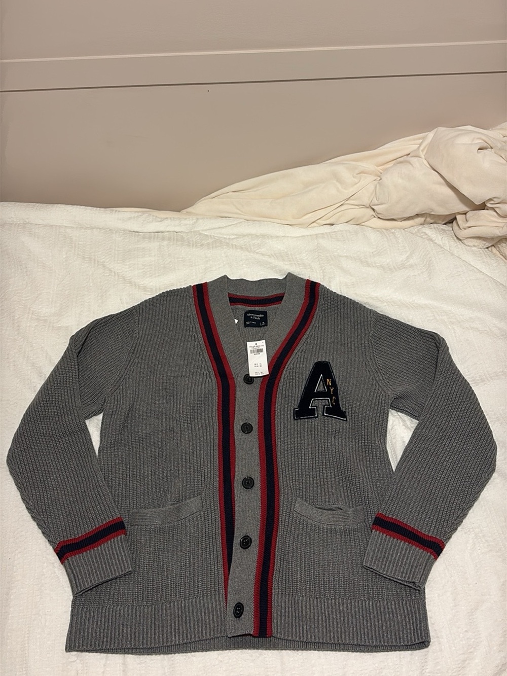 Abercrombie & Fitch Gray Knit Cardigan with Red and Black Trim